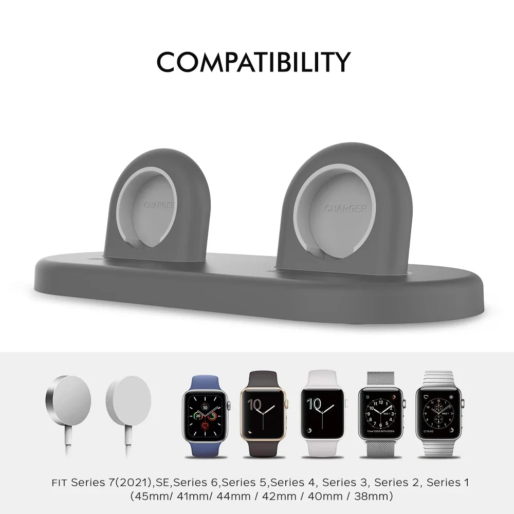 Apple Watch 용 AhaStyle 듀얼 슬롯 충전기 스탠드 Airpods 홀더베이스 용 IWatch 용 실리콘 소프트 안티 스크래치 충전 도크