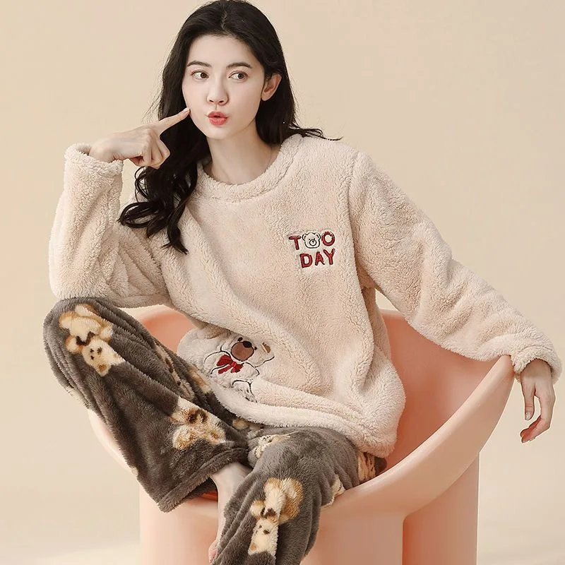 2023 New Coral Fleece Pajama Women's Autumn Winter Thick Loungewear Flannel Sleepwear Solid Color Round Collar Loungewear Set