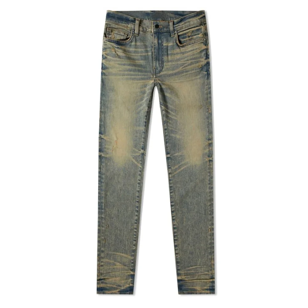 Men\'s Vintage Yellow Blue Skinny Stretch High Street Jeans