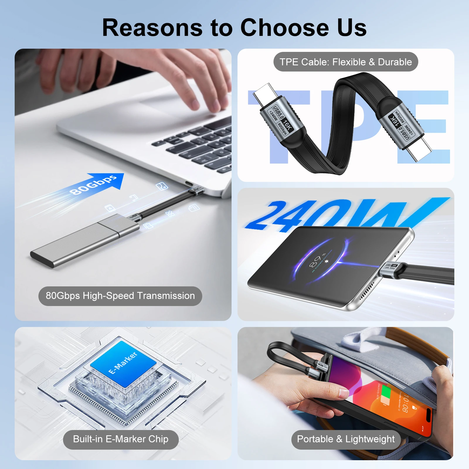 PD240W USB 5.0 타입 C to 타입 C 케이블 80Gbps 썬더볼트 5 USB-C 데이터 케이블 16K@60Hz USB C 케이블 (아이폰 17 Pro Max, 맥북용)