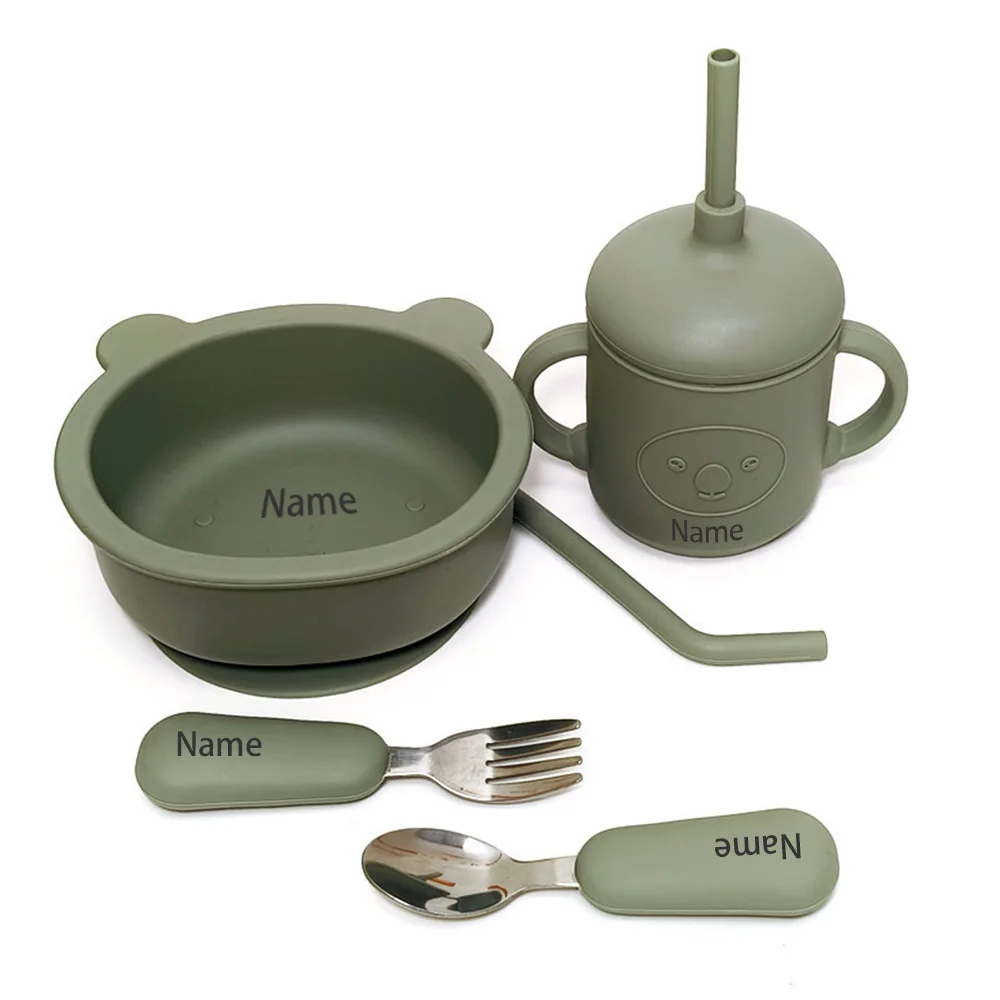5-Piece Children's Tableware Set with Free Name Printing on Kids' Bowl. Personalized silicone tableware—a unique gift for babies