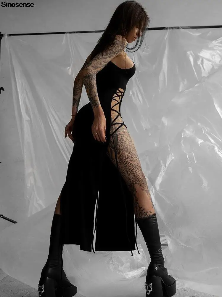 Women Hollow Out Long Dress Sexy Halter Split Thigh Side