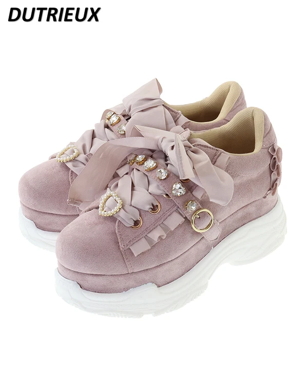 

Japanese Sweet Lolita Heart Shape Rhinestone Bowknot Platform Sneaker Spring and Autumn Sweet Pink Casual Shoes Women's Shoes