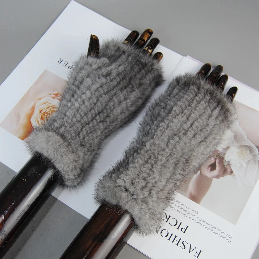 Winter Gloves Lady Real Mink Fur Gloves Girls Real Knitted Mink Fur Fingerless Gloves Winter Strong Elasticity Mittens