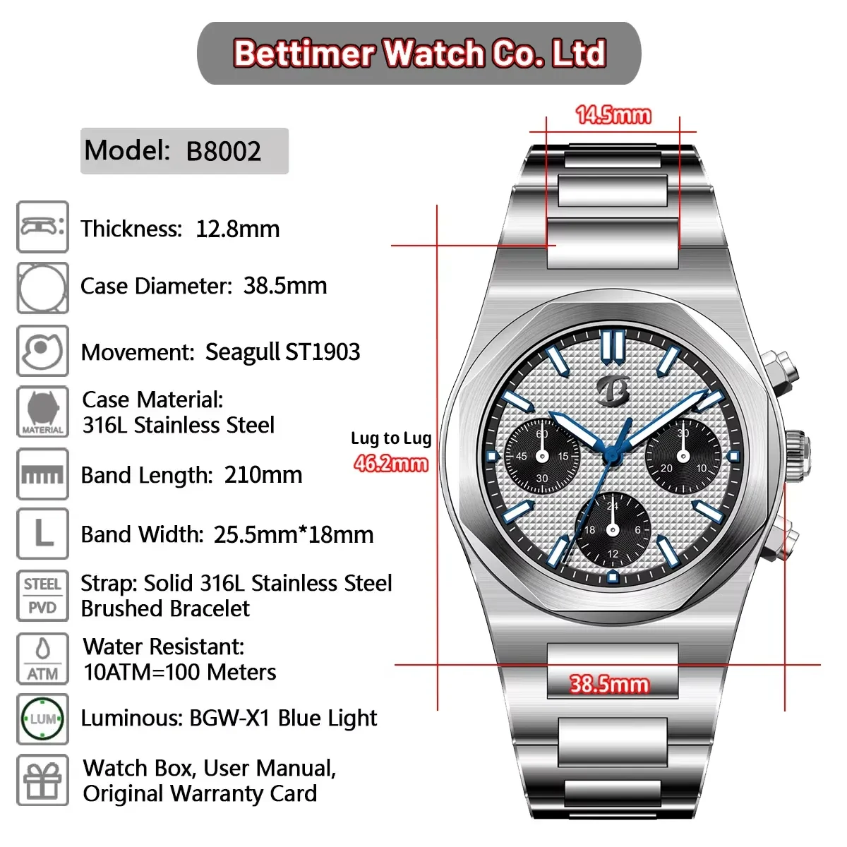 Men's Mechanical Wristwatch Bettimer Fashion Business Men's Mechanical Timing Wristwatch ST1903 Stainless Steel Luminous watches for men B8002