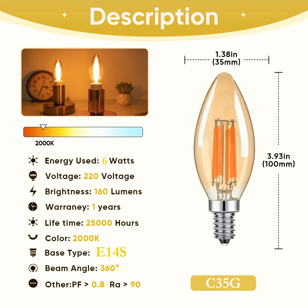 디 밍이 가능한 C35G 앰버 유리 E14S Led 전구 220V 필 라 멘 트 램프 6W 촛불 조명 따뜻한 흰색 2000K 교체 가능한 샹들리에 장식