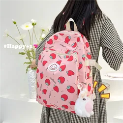 New Cute Cartoon Strawberry Printed Backpack with Fresh Girl Heart Junior High School Students and College Sending Hanging Items