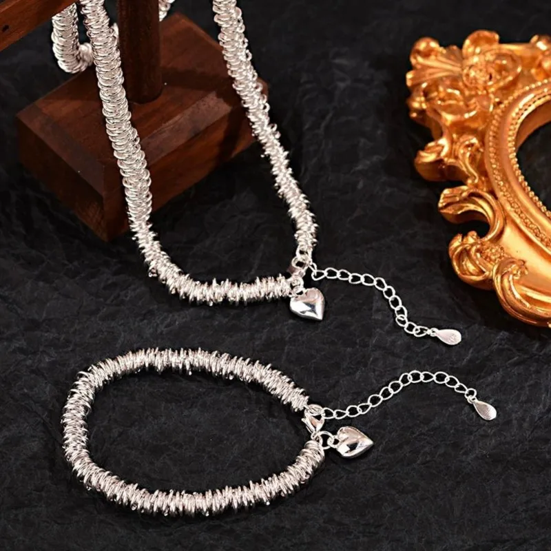 2024 New Trend Silver Color Thick Chain Jewelry Sets for Women Necklace Bracelet LOVE Heart Pendant Party Jewelry Gifts