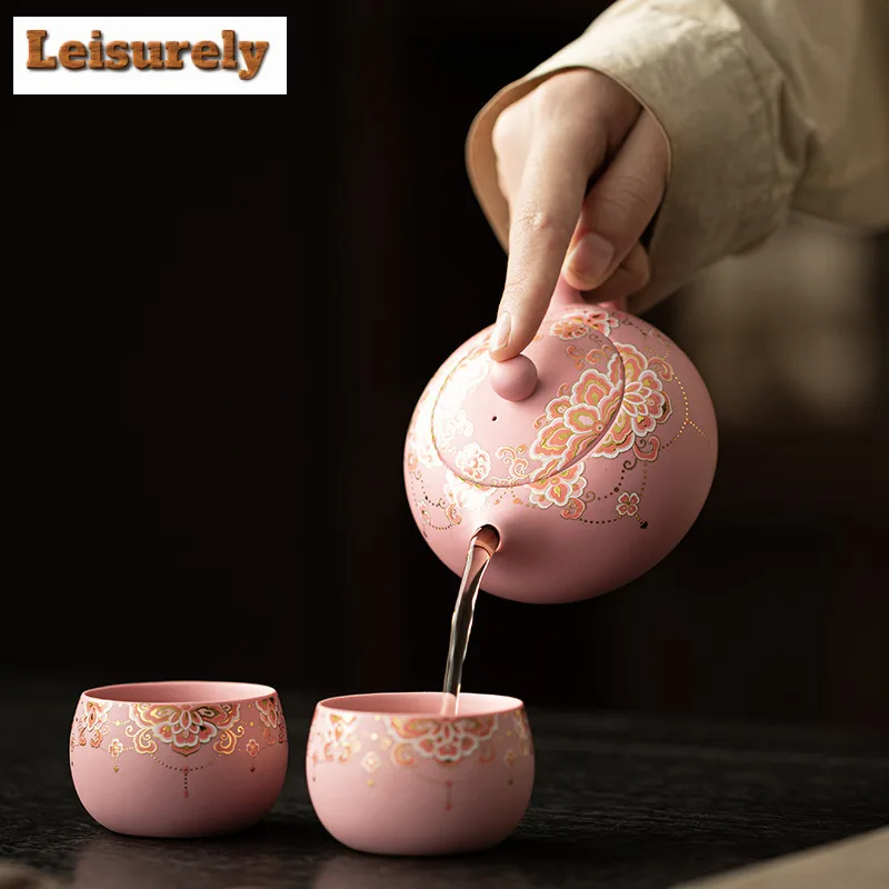Pink Purple Clay Medallion Pattern Tea Set Complete Set Retro Tea Ceremony Set Tea Maker Teapot and Tea Cup Set Tableware Gift