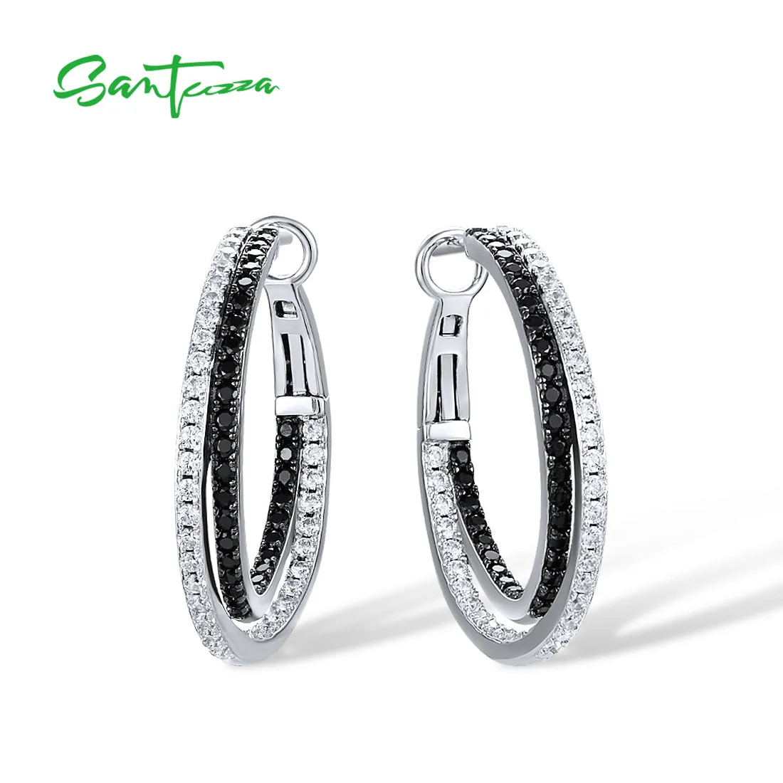 

SANTUZZA Pure 925 Sterling Silver Loop Earrings For Women Sparkling Black Spinel White Cubic Zirconia Simple Fine Shiny Jewelry