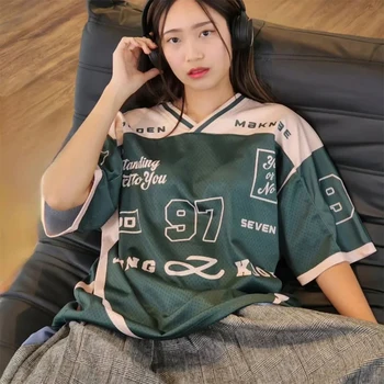 2026 New Women's Spring/Summer Y2K Fashion Casual Golden 97 Mesh Jersey Oversized Breathable Speed Drying Sports T-shirt 1