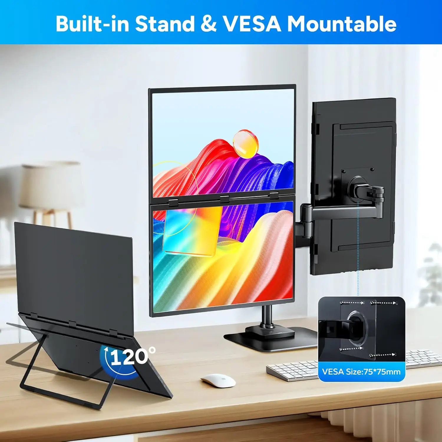 UPERFECT 18.5”100HZ 100% sRGB Delta 휴대용 듀얼 터치스크린 모니터 FHD HDR 360° 회전 접이식 USB-C 트리플 스크린 노트북 디스플레이 익스텐더 스탠드 및 VESA 포함P