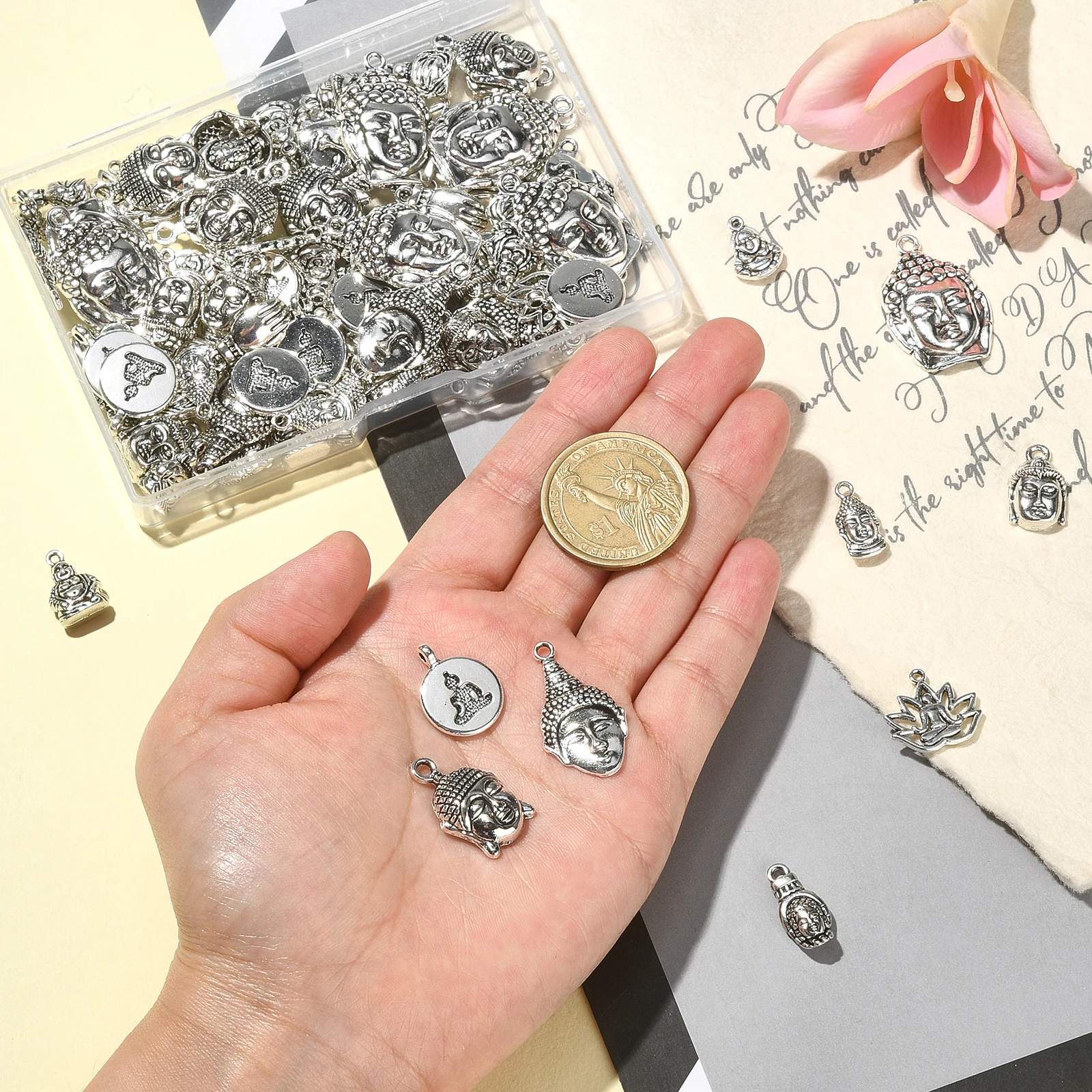 Pandahall 100Pcs 10 Styles Tibetan Style Buddha Charms Religious Lotus Yoga Charms Vintage Charms for Jewelry Making Crafting