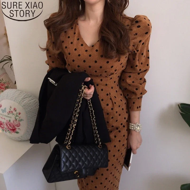 

Fashion Corduroy Dresses French Style Spring Autumn Women Polka Dot Print Dress Casual Eleagnt Lace-up Slim Party Dress 12091