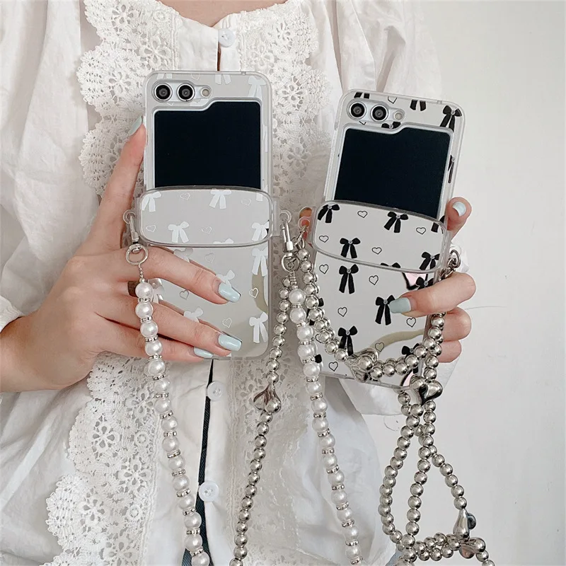 

Mirror Bow Chain Phone Case for Samsung Galaxy Z Flip 5 4 3 Protective Back Cover for ZFlip3 ZFlip4 ZFlip5 Case Shell