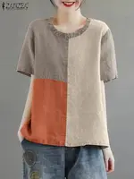 ZANZEA Women Patchwork Blouse 2024 Summer Short Sleeve Tunics Fashion Round Neck Shirts Casual Loose Holiday Cotton Linen Tops - Image 4