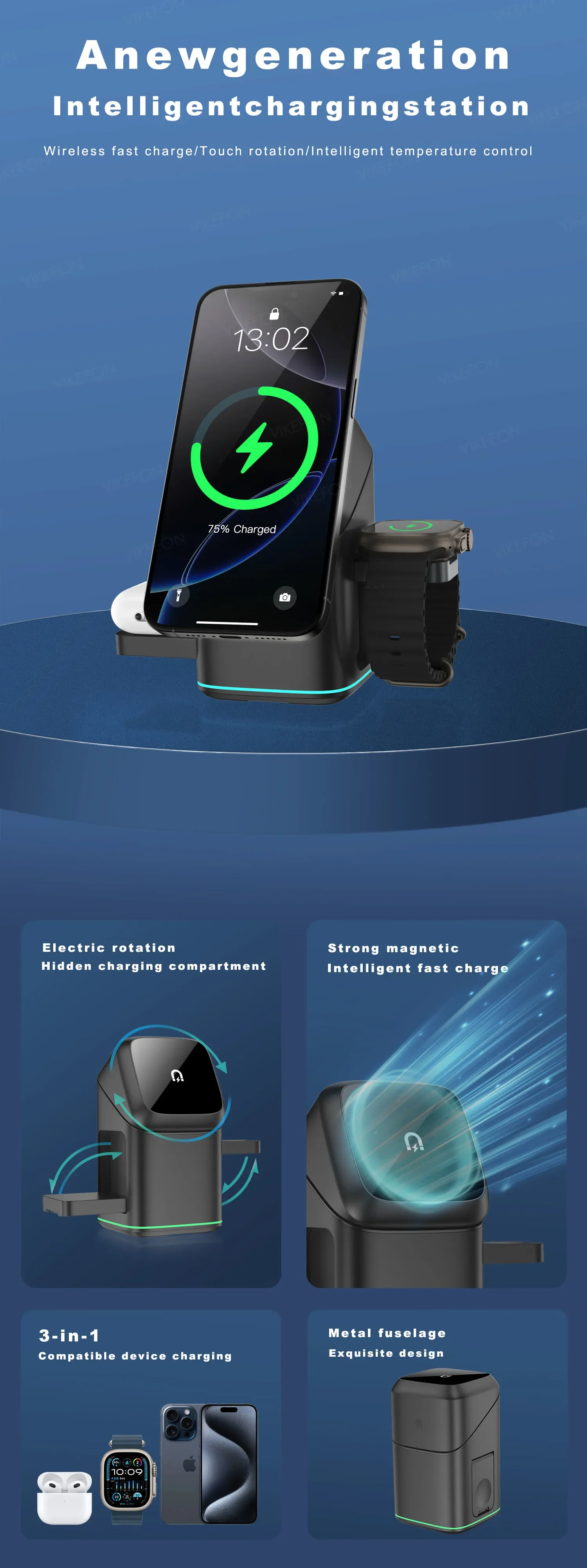 3-in-1 Electric Rotation Magnetic Wireless Charger With LED Breathing Light For Mag Safe IPhone 16 15 14 13 12 IPhone Watch Pro_voghion.com