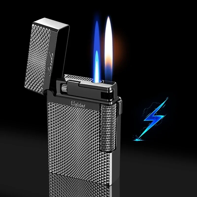 

New Metal Double Flame Lighter Butane Cigarette Lighter Windproof Jet Lighter Smoking Accessories Grinding Wheel Men's Cool Gift