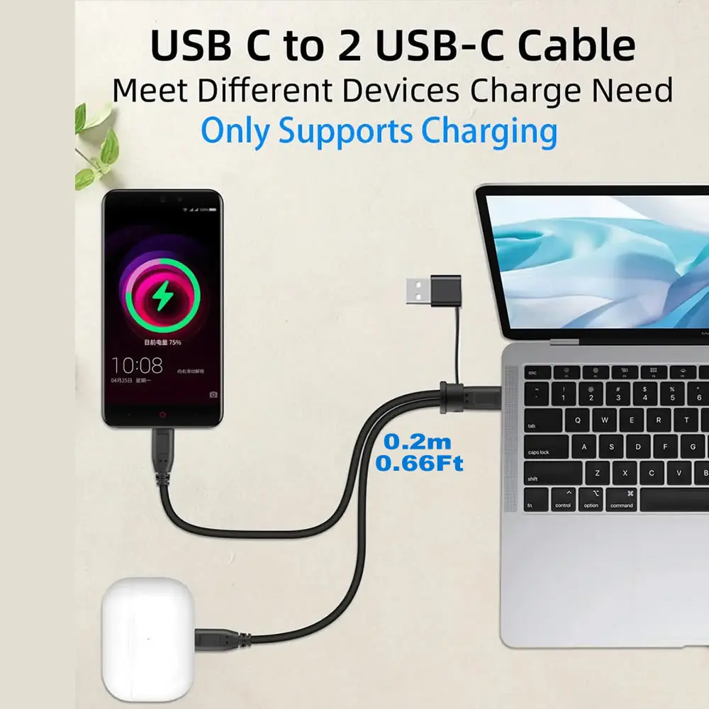 2in1 USB A/C - 듀얼 USB C 케이블 멀티 타입 C 분배기 케이블 짧은 1입력 2출력 USB 타입 C 충전 케이블 (2개 기기 충전용)