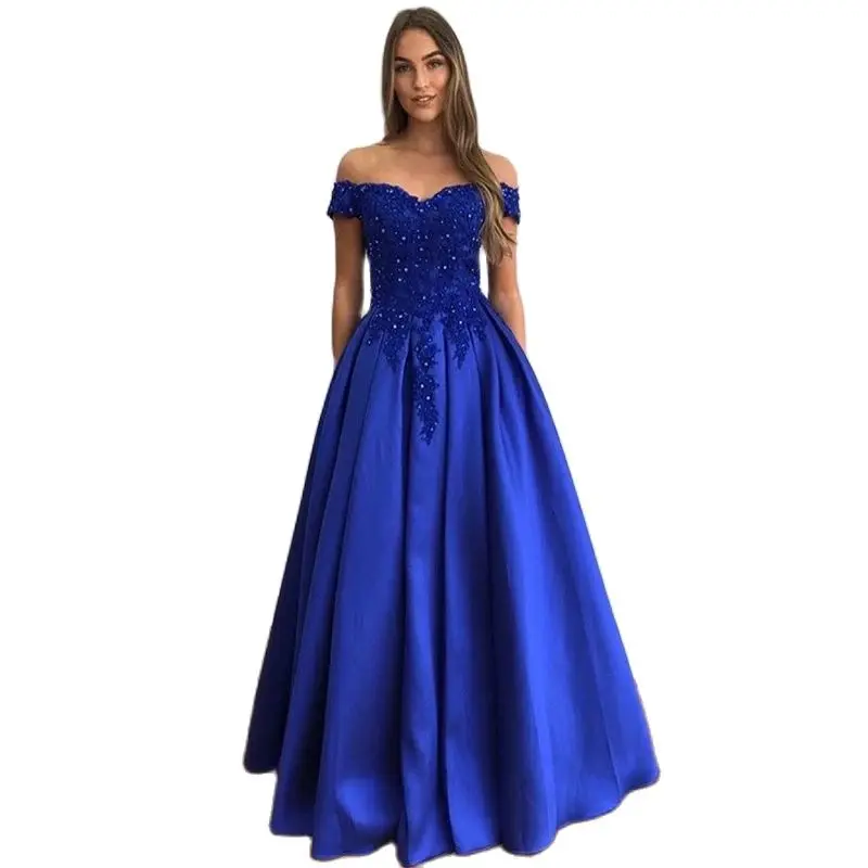

2023 Off The Shoulder Royal Blue Prom Simple Dress A-line Appliques Beaded Draped Skirt Vestido De Fiesta Evening Dress Satin