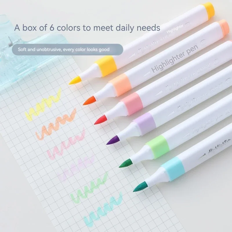 6 Colors Pastel Highlighter Marker Pen Set Brush Fluorescent Markers Art Marker Japanese Cute Kawaii Stationery