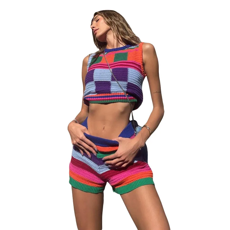 Kliou Knitted Multi-Color Stitching Two Piece Set Women Slim O-neck Sleeveless Tank Tops+Stretchy Sheath Shorts Casu