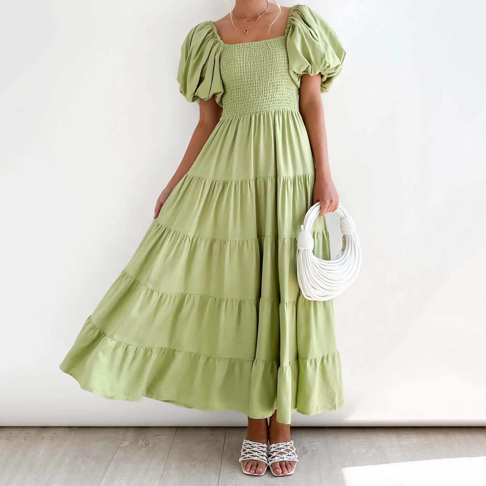 

Dresses For Women 2023 Streetwear Plus Size Square Neck Backless Puff Sleeve Pleated Short Sleeve Dress vestido feminino Clothes