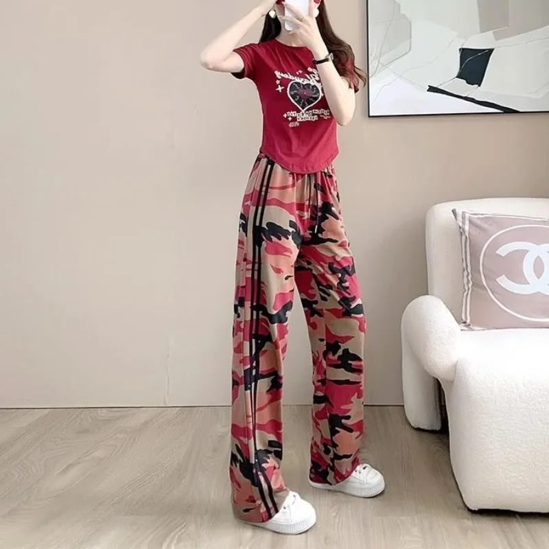 Wide Legged Women's 2024 Summer New Patchwork High-waisted Drawstring Pocket Printing Fashion Casual Sports Straight Leg Pants