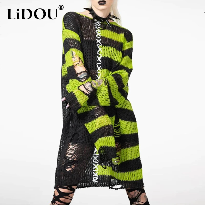 

Autumn Winter Punk Style Striped Patchwork Hole Sweater Female Harajuku Y2K Streetwear Jumpers Women Casual Fashion Knitting Top