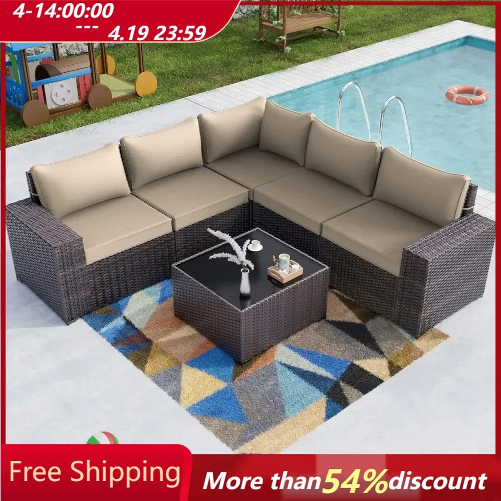 

6PCS Outdoor Patio Furniture Set,PE Wicker Rattan Sectional Sofa Patio Conversation Sets,Sand, Garden Sofas