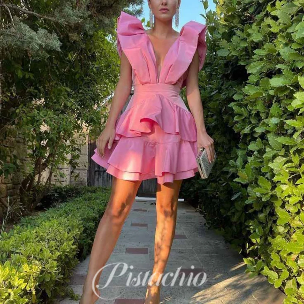 

Sexy Party Dress For Women Simple Deep V Neck Tank Evening Gowns A Line Mini Length Beach Tiered Prom Dresses فساتين سهرة
