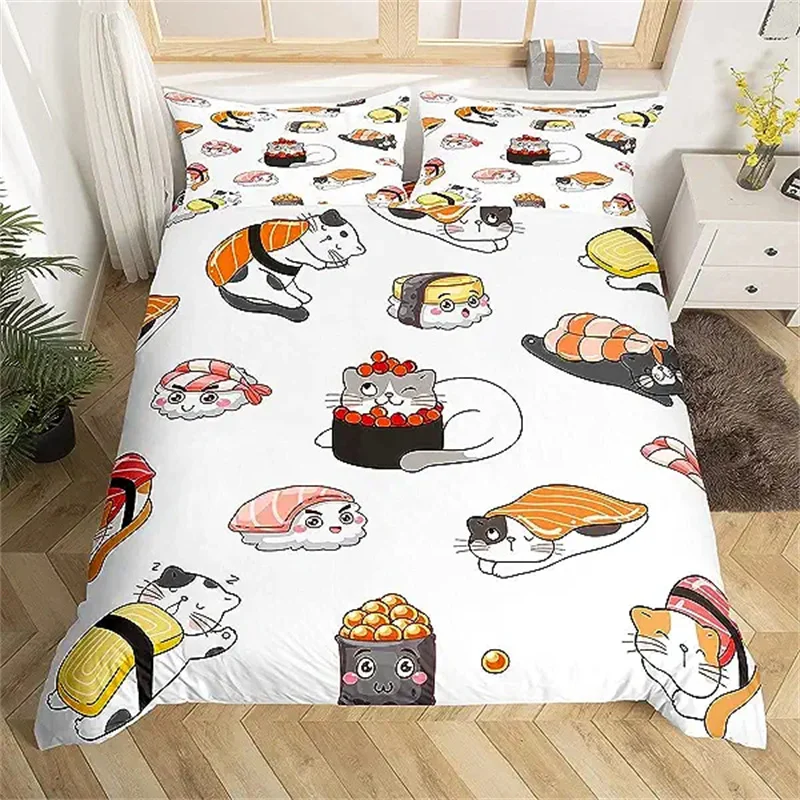 

Japanese Sushi Duvet Cover Cute Lovely Little Cat Bedding Set Child Teens Men Novelty Cartoon Pet Animal Japan Food Duvet Cover