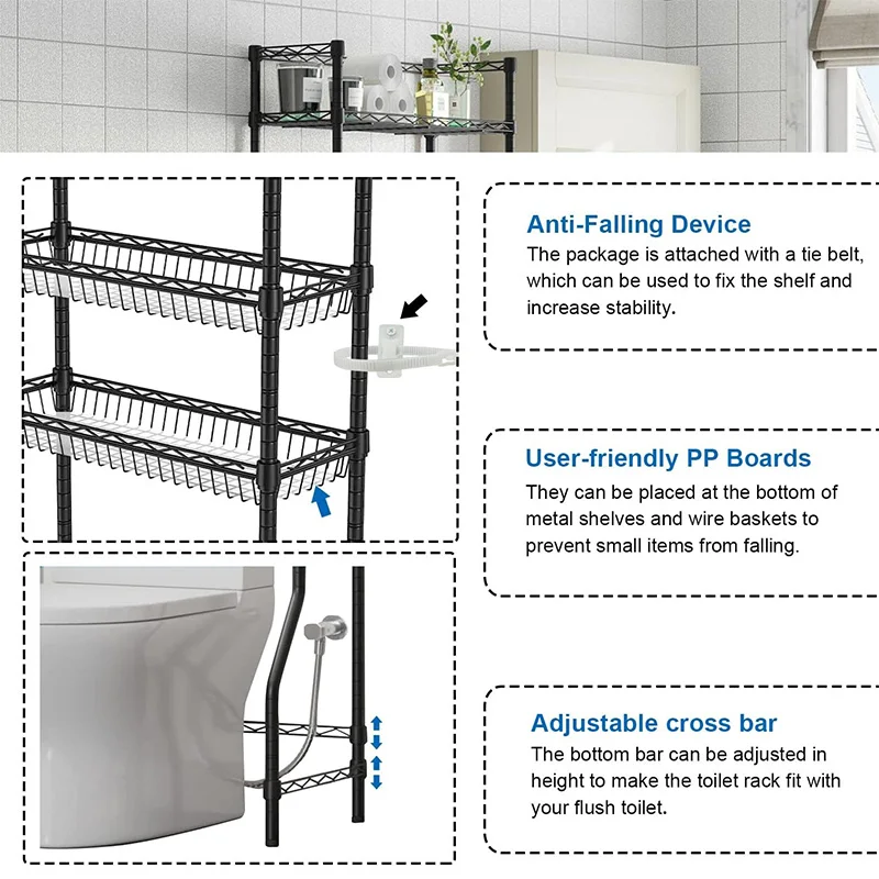 3 Tier Over The Toilet Storage Shelf Black Bathroom Storage Shelf,Space Saver Organizer, Above Toilet Stand