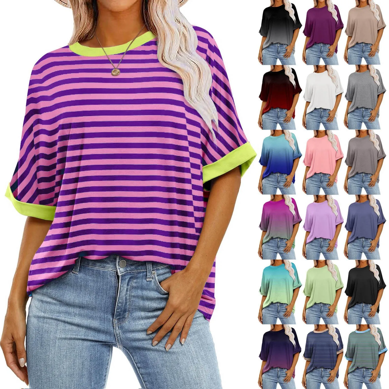 

Women's Loose Tops Gradient Striped Printing Rround Neck Causal Tops Daily Commute All-match Comfy Half Sleeved T-shirt Tops