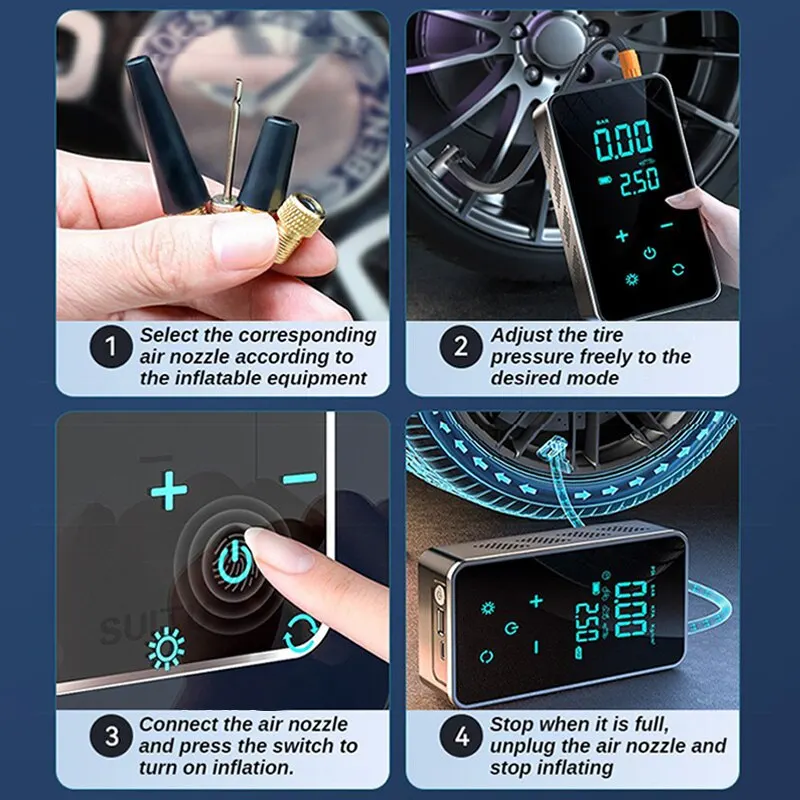 ポータブル有線/無線電動エアポンプ,150psi,デジタル,車