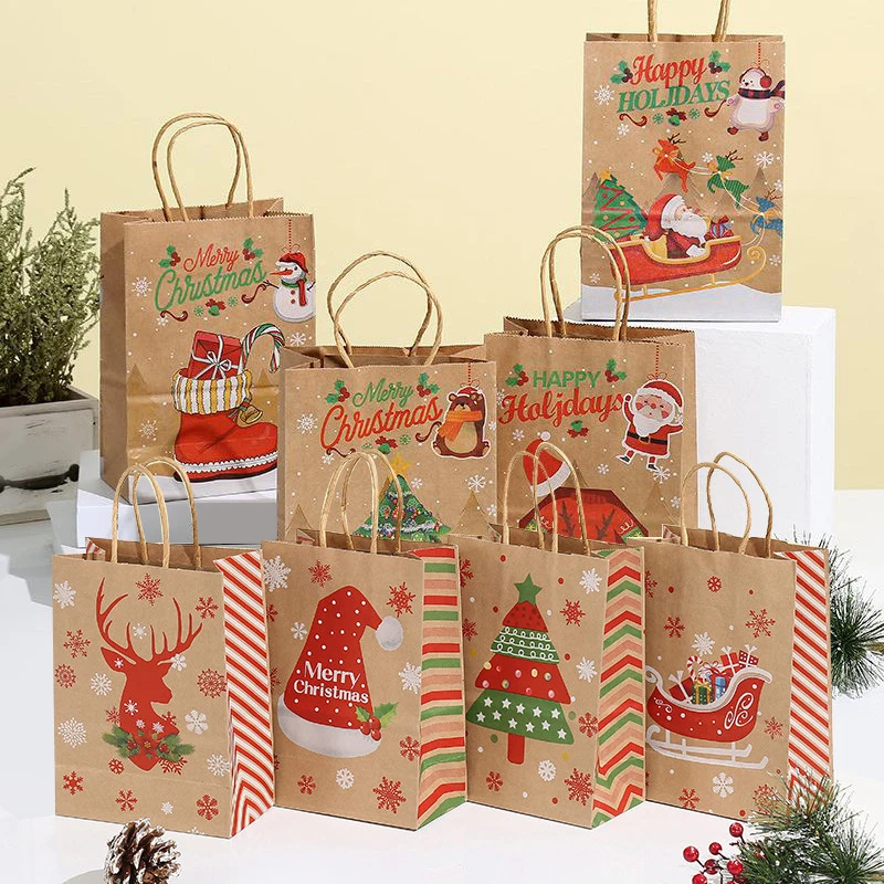 

Christmas Kraft Paper Gift Bags New Year Candy Cookies Gift Tote Bag Festival Storage Bag Tree Snowman Santa Claus Elk Storage