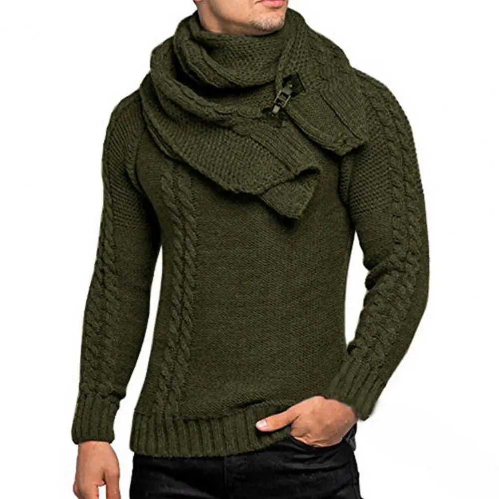 2Pcs/Set O-Neck Long Sleeve Twist Ribbed Cuffs Men Sweater Scarf Autumn Winter Solid Color Thickened Warm Sweater Jumper Scarf