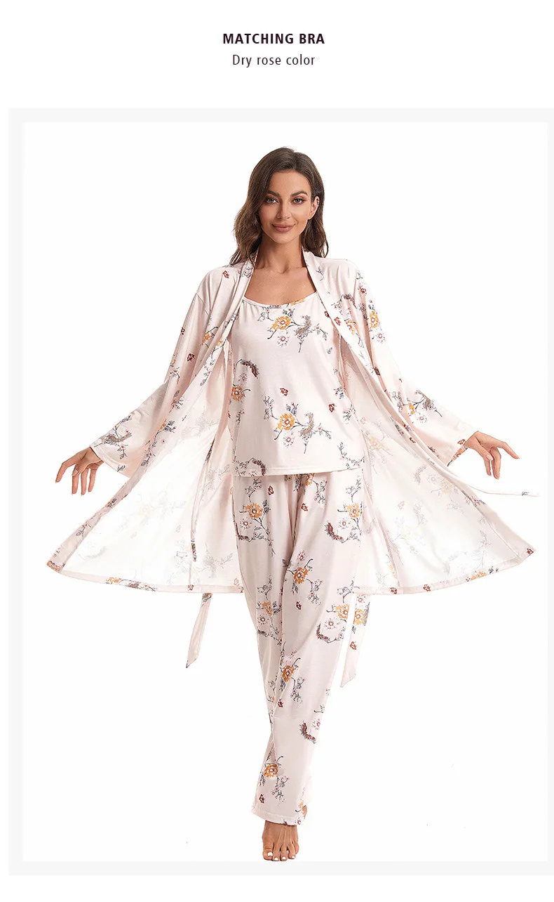 Frauen Pyjamas Baumwolle Weste + Langarm Top + Hose Drei Stück Set Für Hause Kleidung Pijama Feminino Neue nachtwäsche Zum Schlafen – Detail 26