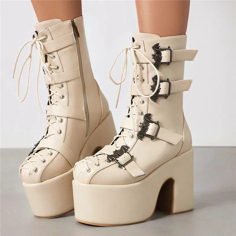 

Plus Size 34-46 Narrow Band Microfiber Mid Calf Boots Thick High Heels Zipper Women Boots Ladies Buckle Spring Autumn Boots
