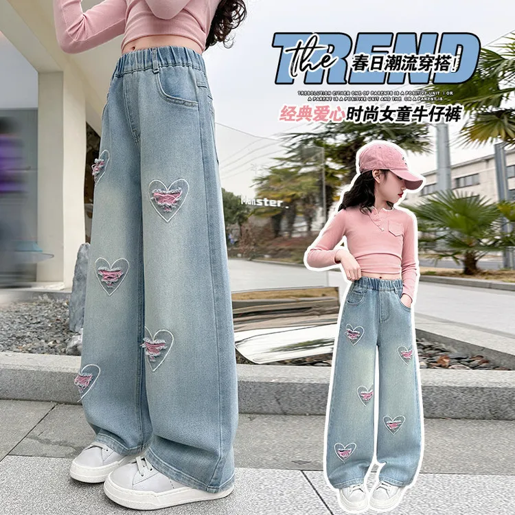 Frühling Herbst Neue Mädchen-Jeans mit Herzförmigem Aufdruck und Löchern Gerade geschnittene Hosen für 5 6 8 10 12 14 Jahre Teenager-Mädchen Stylische Hosen – Detail 1