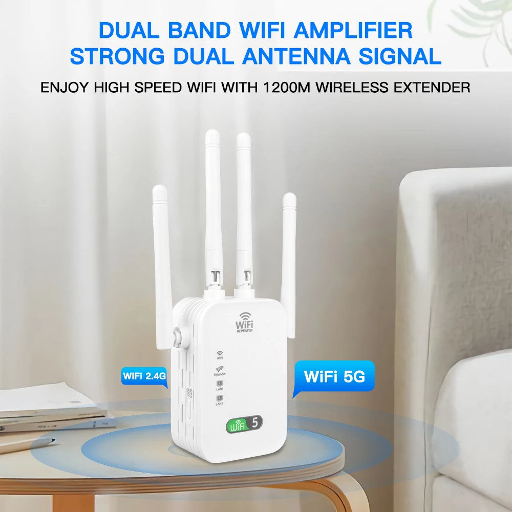 Ripetitore WiFi 1200Mbps Dual Band 5GHz E 2.4GHz – 6 Antenne, 2 Porte LAN, Modalità Ripetitore/router/AP, Per Casa E Ufficio