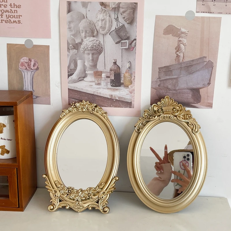 Rustic French Palace Style Carving Frame Table Mirror Gold Mirror Tray Home Decorative Bedroom Table Makeup makeup mirror