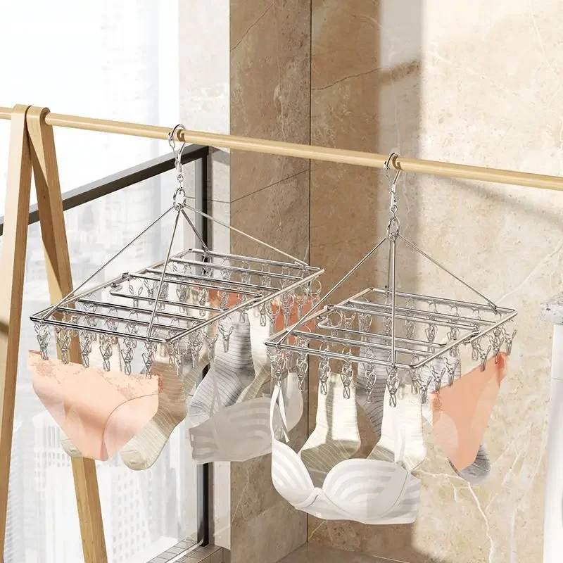 Fold Stainless Steel Windproof Clothespin Laundry Hanger Clothesline Sock Towel Bra Drying Rack Clothes Peg Hook Airer Dryer 4mm 2
