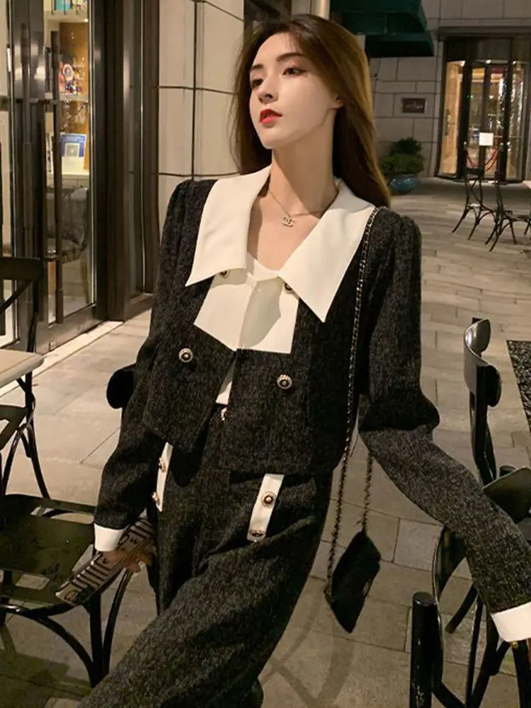 Retro Black and White Small Fragrant Wind Two Piece Set Pants for Women Spring Short Coat High Waist Slim Wide Leg Pants