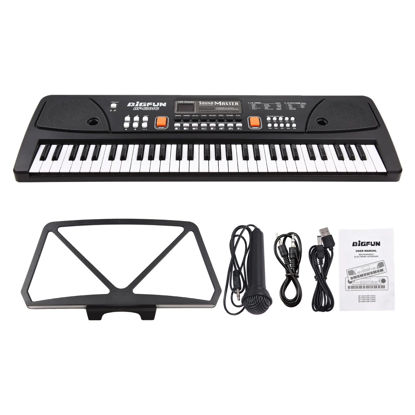 BIGFUN 61 Keys Rechargeable Electronic Organ Kids Electric Piano with Microphone Black Digital Music Electronic Keyboard LED