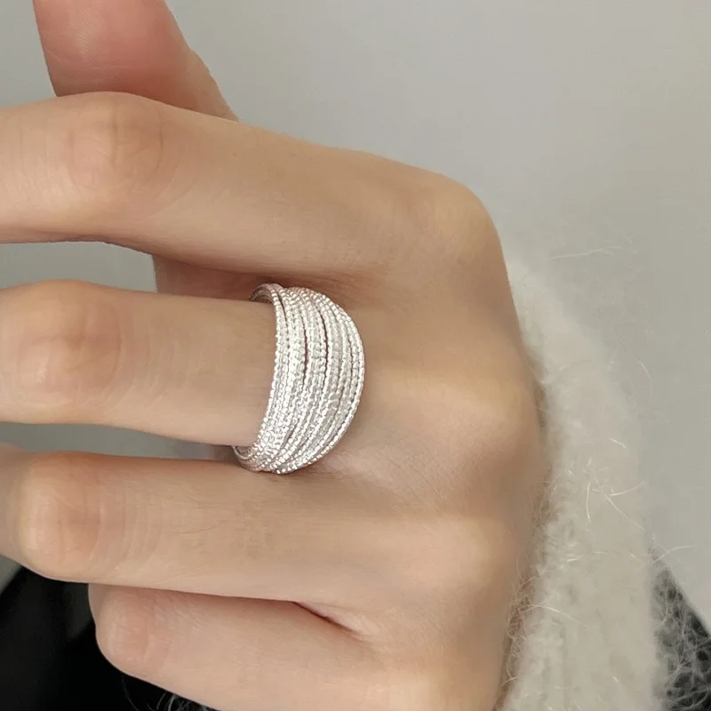 

925 Sterling Silver Interware Lines Ring for Women Girls Temperament Jewelry Adjustable Fashion Party Daily Gift Wholesale