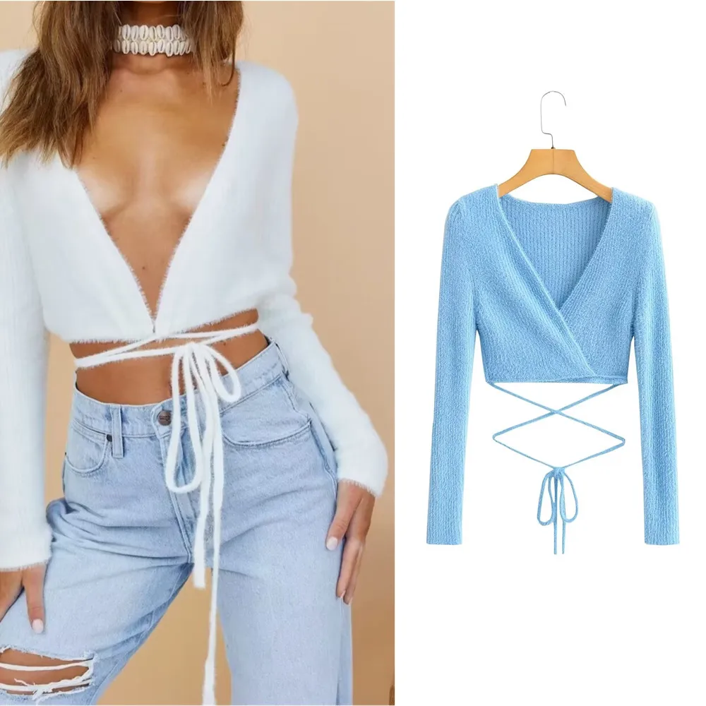 

BSK&TRAF European and American sexy hotties deep V-neck long-sleeved tops 2024 high-waisted short knitted cardigan for women