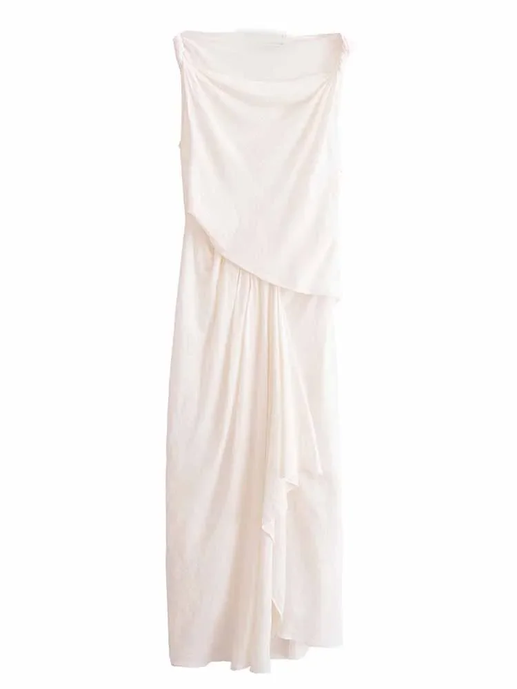 

Women's new fashion asymmetrical pleated hem O Neck linen blend midi dress retro sleeveless side zippered women's dress Mujer