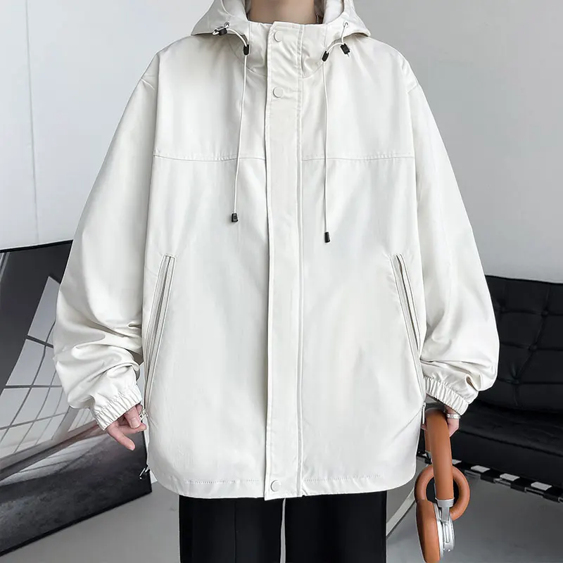 

Spring Autumn Fashion New Windbreaker Jacket Men Casual Loose Hooded Jackets Outwear Black