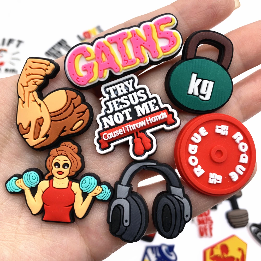 1PCS Cartoon Fitness Series Shoe Charms Dumbbell Lovely Shoe Accessories DIY GYM Fashion Garden Slipper Decor Party Gifts shoe charms,shoe decorations,garden shoe accessories